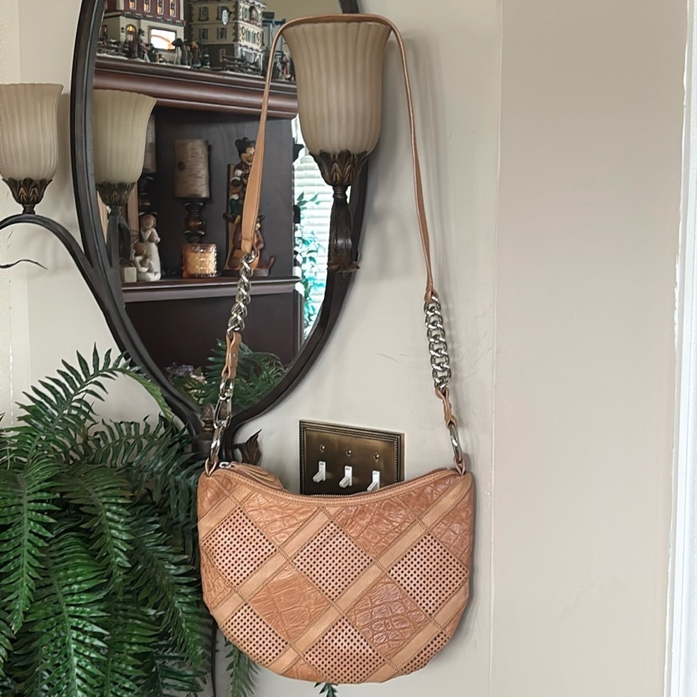 B. Makowsky Genuine Leather Laser Cut Patchwork Crossbody Purse Neutral Tan